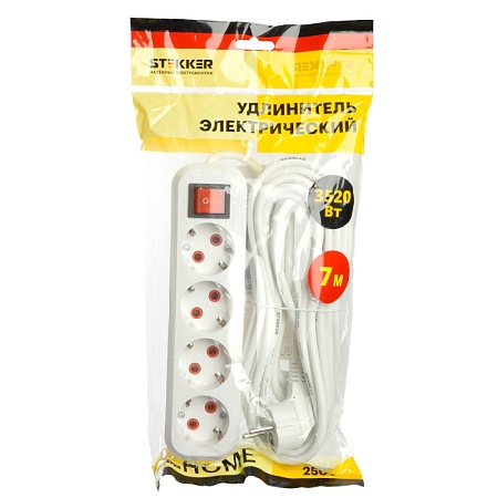 Удлинитель четырехместный с/з  с выключ. STEKKER HM07-41-07 3x1мм2, 7м, серия Home (У16А-003), белый - фото
