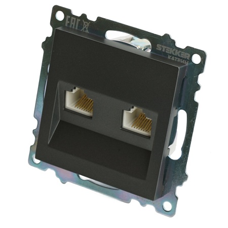 Розетка компьютерная 2-местная RJ-45 (механизм) STEKKER GLS00-7109-06 , серия Катрин, графит - фото