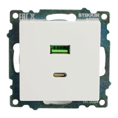 Розетка USB 2-местная + type C (механизм), STEKKER GLS10-7116-01, 250В, 3А, max 20W, серия Катрин, белый - фото