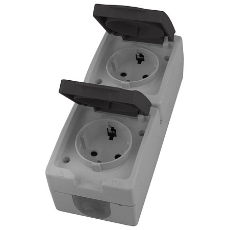 Вертикальная розетка 2-местная с крышкой с/з STEKKER PST16-12-54, пластик АВS, 250В, 16А, IP54, серый/графит - фото