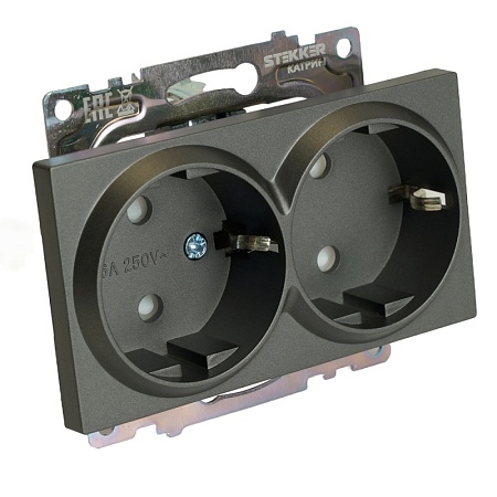 Розетка 2-местная с защитной шторкой (механизм) с/з, 250В, 16А, серия Катрин, графит, GLS16-7114-06 - фото