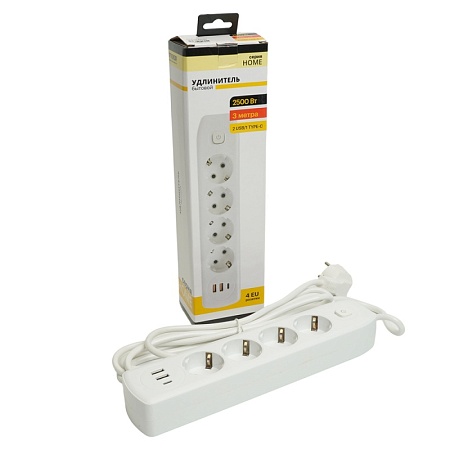 Удлинитель 4-местный c/з 3x1 мм2, 3 м, 250В, 10А, 2USB+1Type-C 2,4А, серия Home plus, белый STEKKER HM08-43-02 - фото