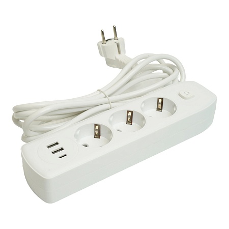 Удлинитель 3-местный c/з 3x1 мм2, 3 м, 250В, 10А, 2USB+1Type-C 2,4А, серия Home plus, белый STEKKER HM08-33-02 - фото