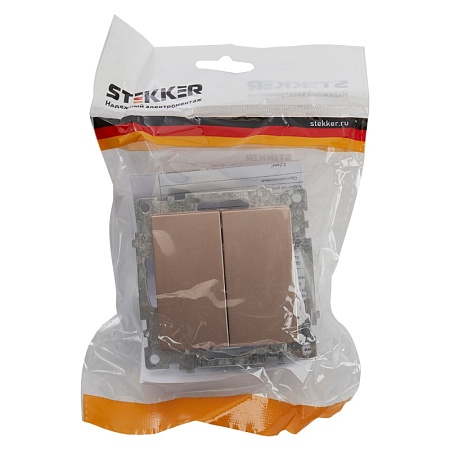 Выключатель 2-клавишный (механизм), STEKKER GLS10-7104-02, 250V, 10А, серия Катрин, шампань - фото