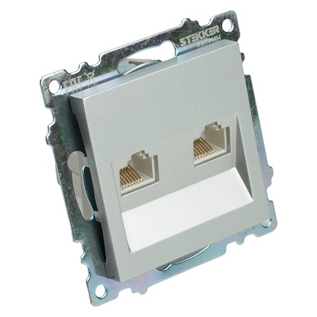 Розетка компьютерная 2-местная RJ-45 (механизм) STEKKER GLS00-7109-03 , серия Катрин, серебро - фото
