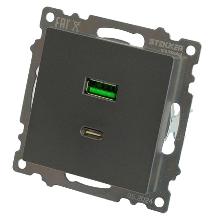 Розетка 2-местная USB + type C (механизм), 250В, 3А, max 20W, серия Катрин, графит, GLS10-7116-06 - фото
