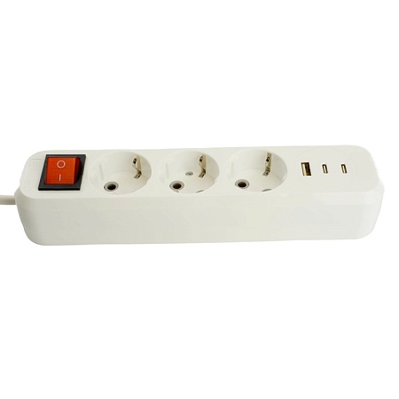Удлинитель 3-местный с/з с выключ. STEKKER HM071-31-03 3x1мм2, 3м, 250В, 16А, 1USB+2C, 2.4A, сер Home, белый - фото