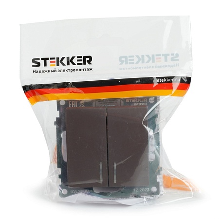 Выключатель 2-клавишный c индикатором (механизм), STEKKER GLS10-7102-04, 250В, 10А, серия Катрин, шоколад - фото