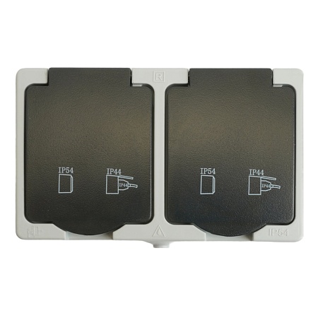 Розетка 2-местная с крышкой с/з STEKKER PST16-12-54, пластик АВS, 250В, 16А, IP54, серый/графит - фото