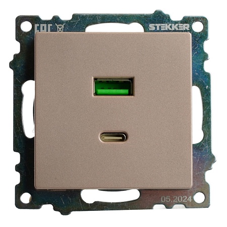 Розетка 2-местная USB + type C (механизм), STEKKER GLS10-7116-02, 250B, 3A, max 20W, серия Катрин, шампань - фото